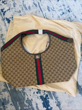 Beige GG Canvas Shoulder Bag with Green and Red Stripe